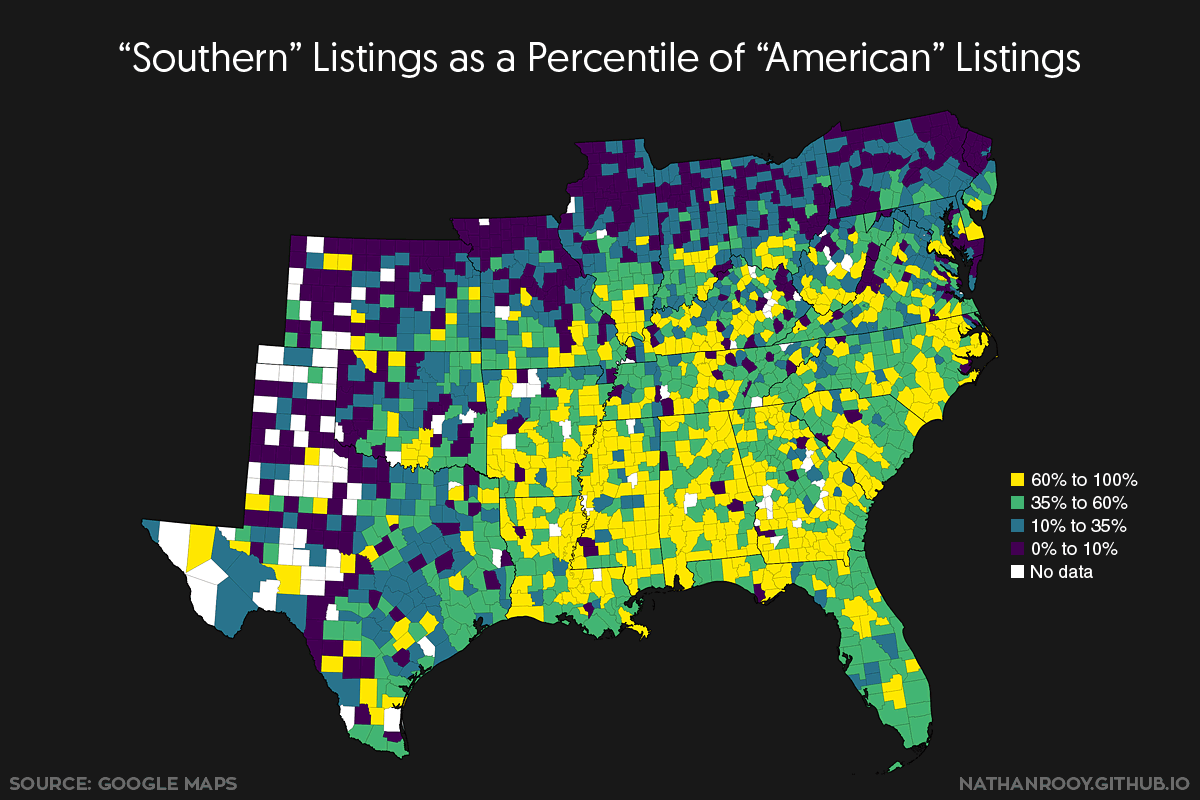 An updated version of the southern cultural divide map using data scraped from google maps.